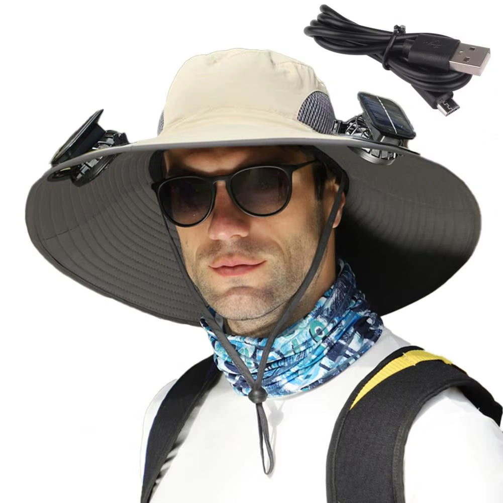 1 Set Outdoor Sun Hat with 2 Fan Large Brim Windproof Strap Solar or USB Charging anti UV Sun Outdoor Fishing Cap