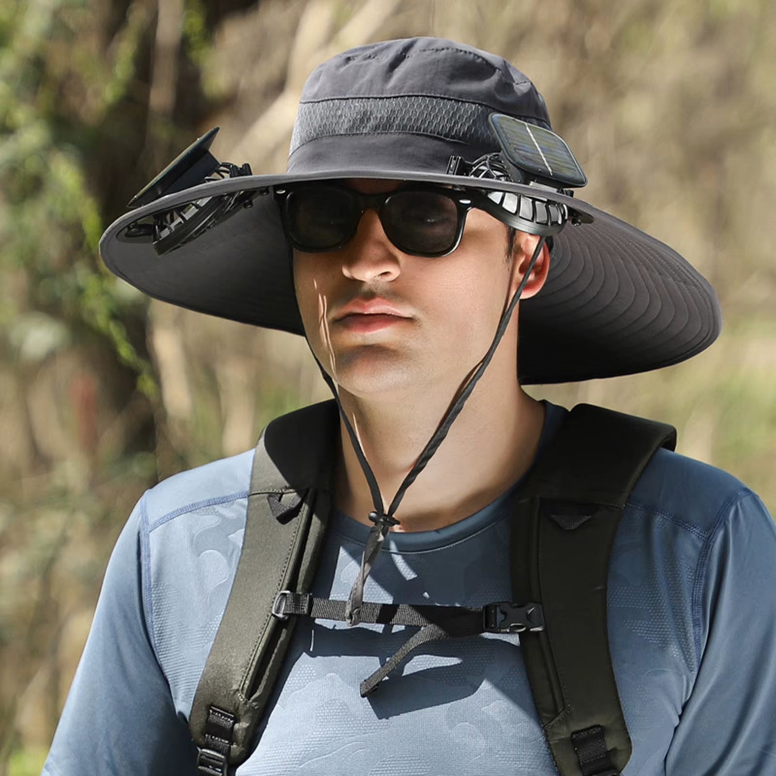 Men Fisherman Hat with 2 Solar Fan Windproof Strap USB Charging anti UV Large Brim Fan Sun Hat Sunlight Fan Cap