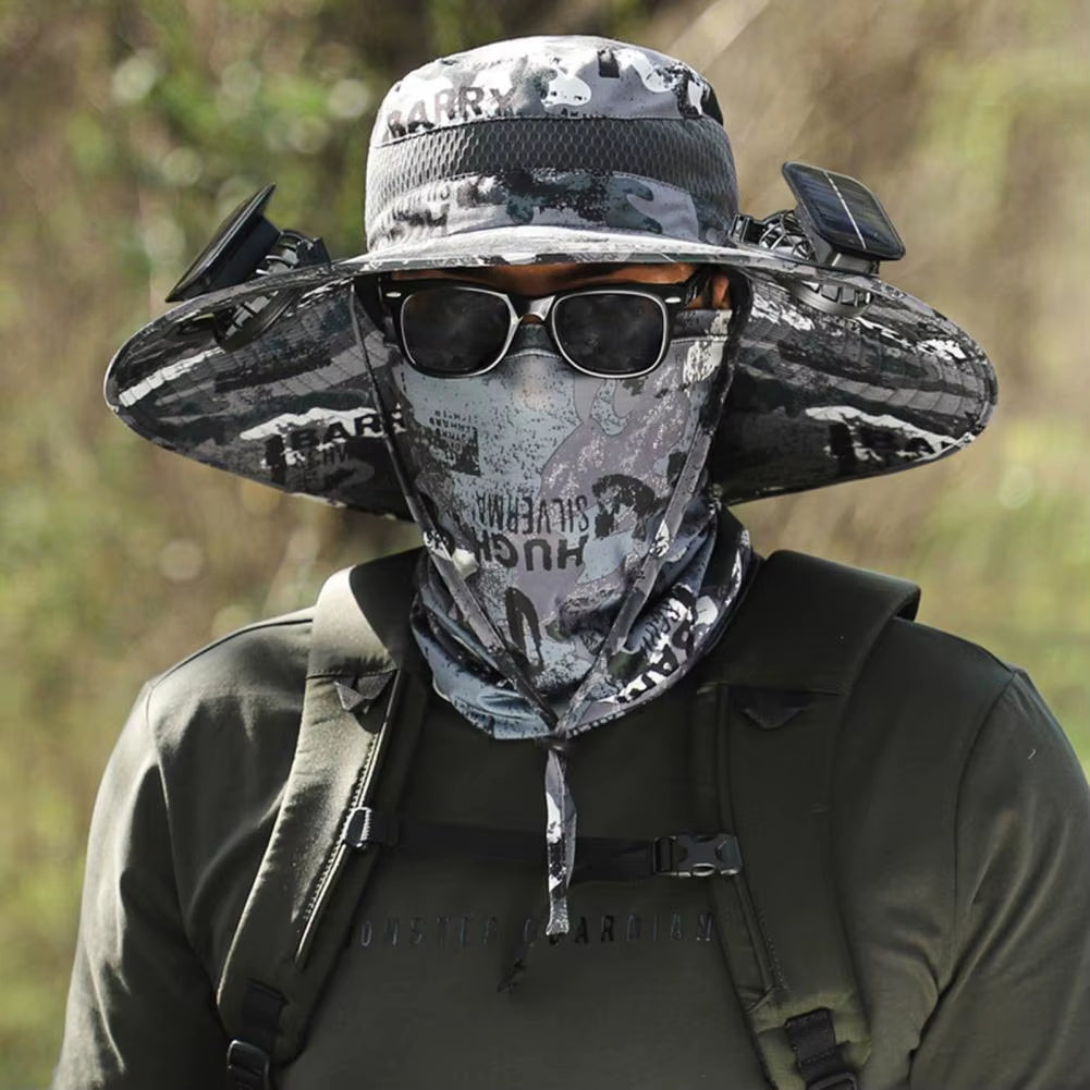 Men Fisherman Hat with 2 Solar Fan Windproof Strap USB Charging anti UV Large Brim Fan Sun Hat Sunlight Fan Cap