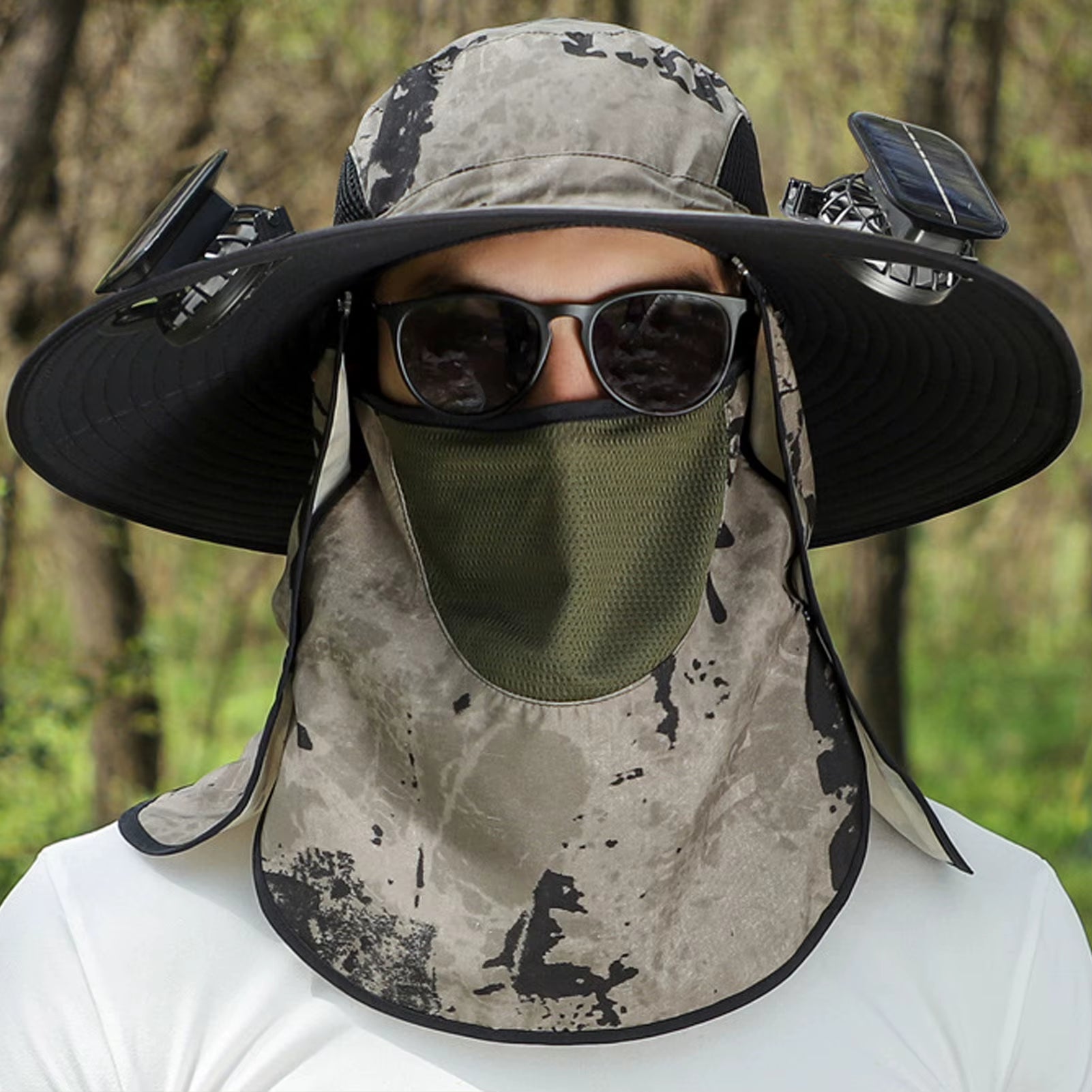 Men Fisherman Hat with 2 Solar Fan Windproof Strap USB Charging anti UV Large Brim Fan Sun Hat Sunlight Fan Cap