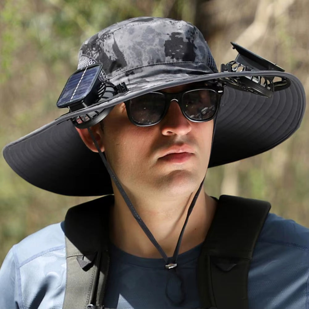 1 Set Outdoor Sun Hat with 2 Fan Large Brim Windproof Strap Solar or USB Charging anti UV Sun Outdoor Fishing Cap
