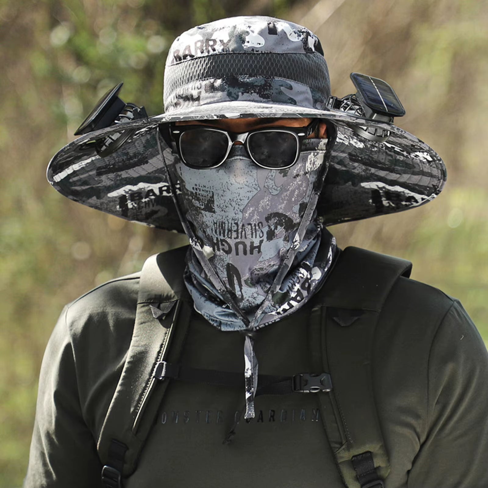 Men Fisherman Hat with 2 Solar Fan Windproof Strap USB Charging anti UV Large Brim Fan Sun Hat Sunlight Fan Cap
