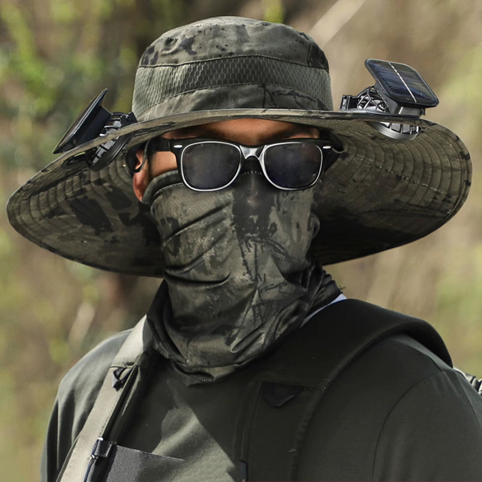 Men Fisherman Hat with 2 Solar Fan Windproof Strap USB Charging anti UV Large Brim Fan Sun Hat Sunlight Fan Cap