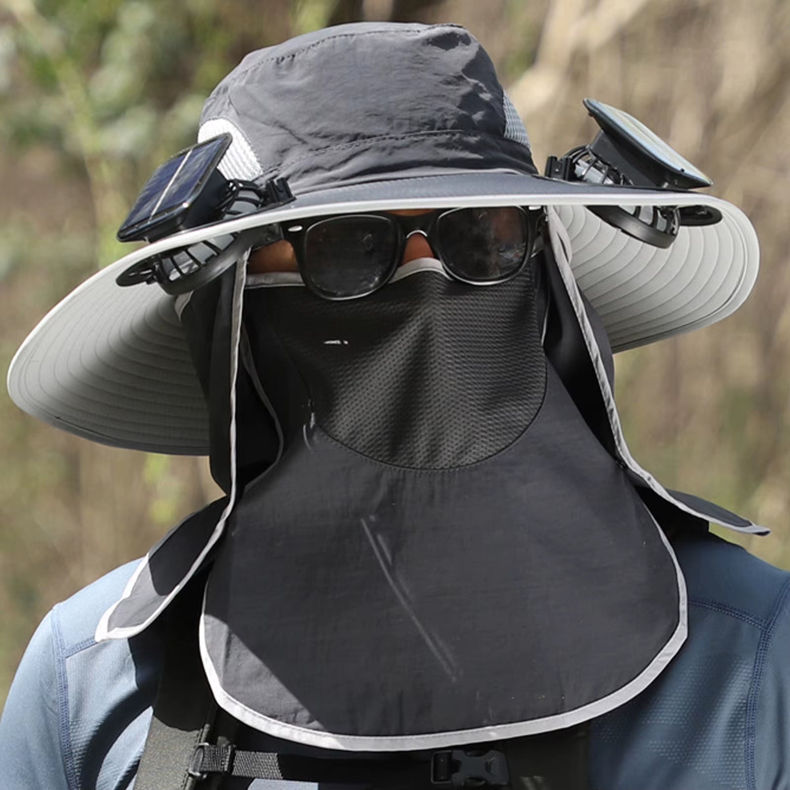 Men Fisherman Hat with 2 Solar Fan Windproof Strap USB Charging anti UV Large Brim Fan Sun Hat Sunlight Fan Cap
