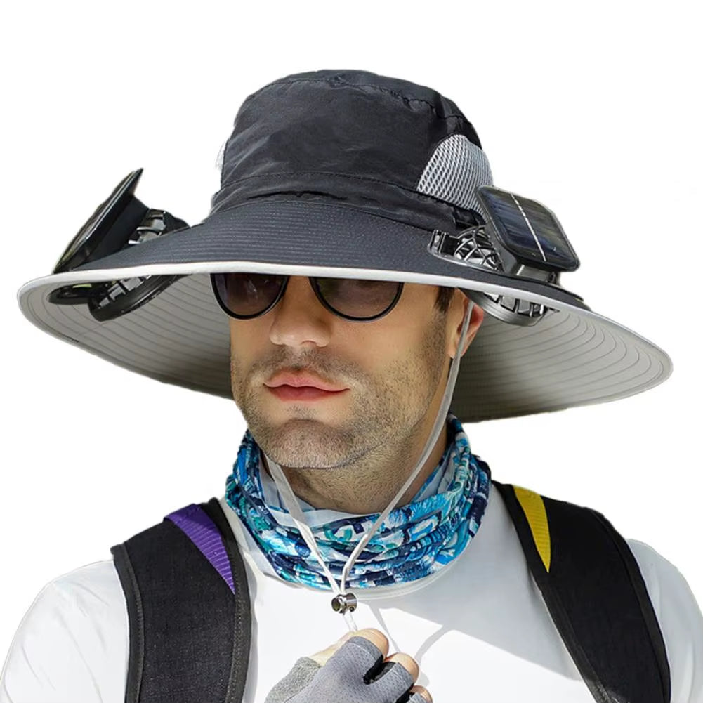 1 Set Outdoor Sun Hat with 2 Fan Large Brim Windproof Strap Solar or USB Charging anti UV Sun Outdoor Fishing Cap