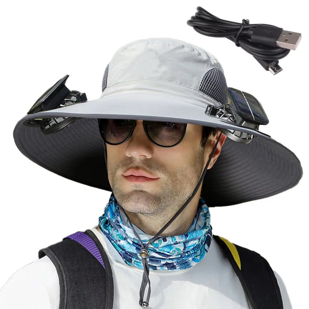 1 Set Outdoor Sun Hat with 2 Fan Large Brim Windproof Strap Solar or USB Charging anti UV Sun Outdoor Fishing Cap
