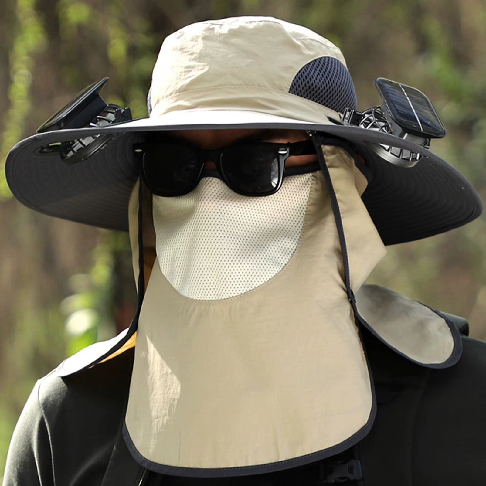 Men Fisherman Hat with 2 Solar Fan Windproof Strap USB Charging anti UV Large Brim Fan Sun Hat Sunlight Fan Cap
