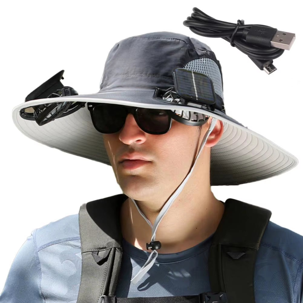 1 Set Outdoor Sun Hat with 2 Fan Large Brim Windproof Strap Solar or USB Charging anti UV Sun Outdoor Fishing Cap