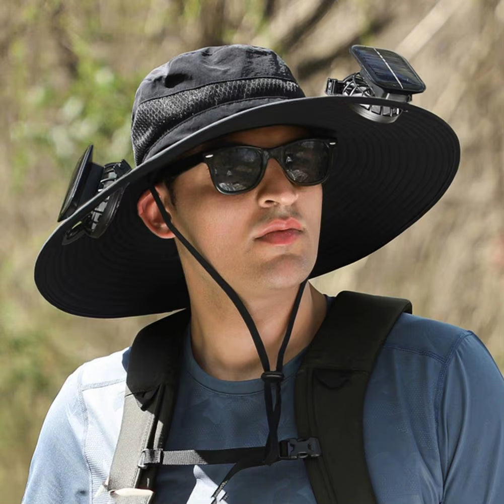 Men Fisherman Hat with 2 Solar Fan Windproof Strap USB Charging anti UV Large Brim Fan Sun Hat Sunlight Fan Cap
