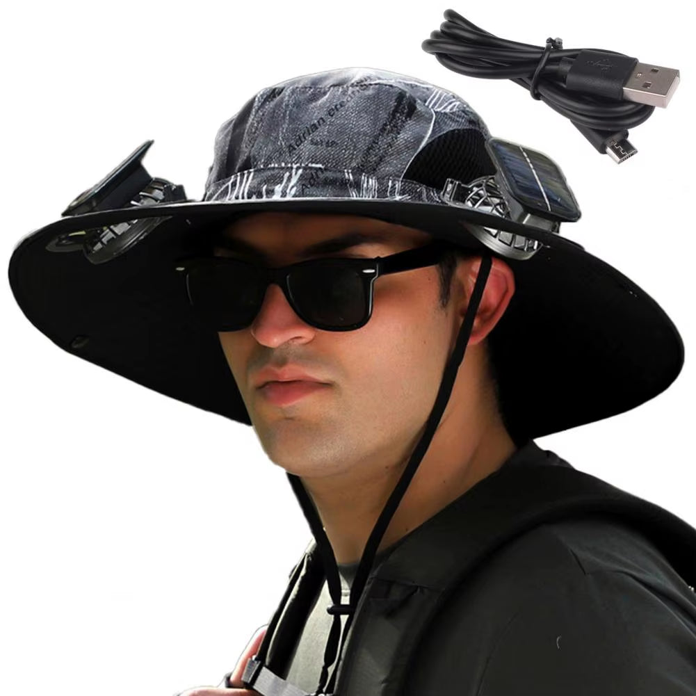 1 Set Outdoor Sun Hat with 2 Fan Large Brim Windproof Strap Solar or USB Charging anti UV Sun Outdoor Fishing Cap