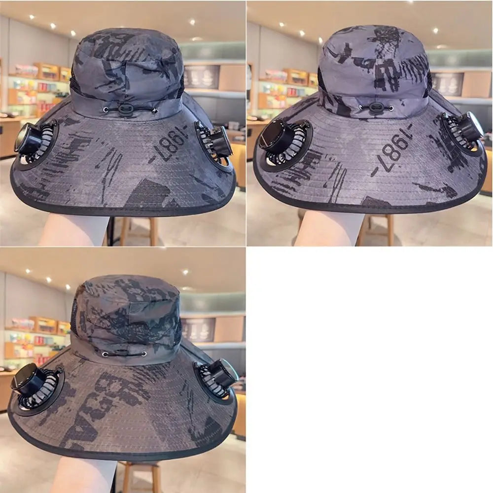 UV Protection Sun Hat with Solar Fan Camouflage Adjustable Wide Brim Sun Cap Breathable Breathable Mesh Sun Bucket Hat Adult