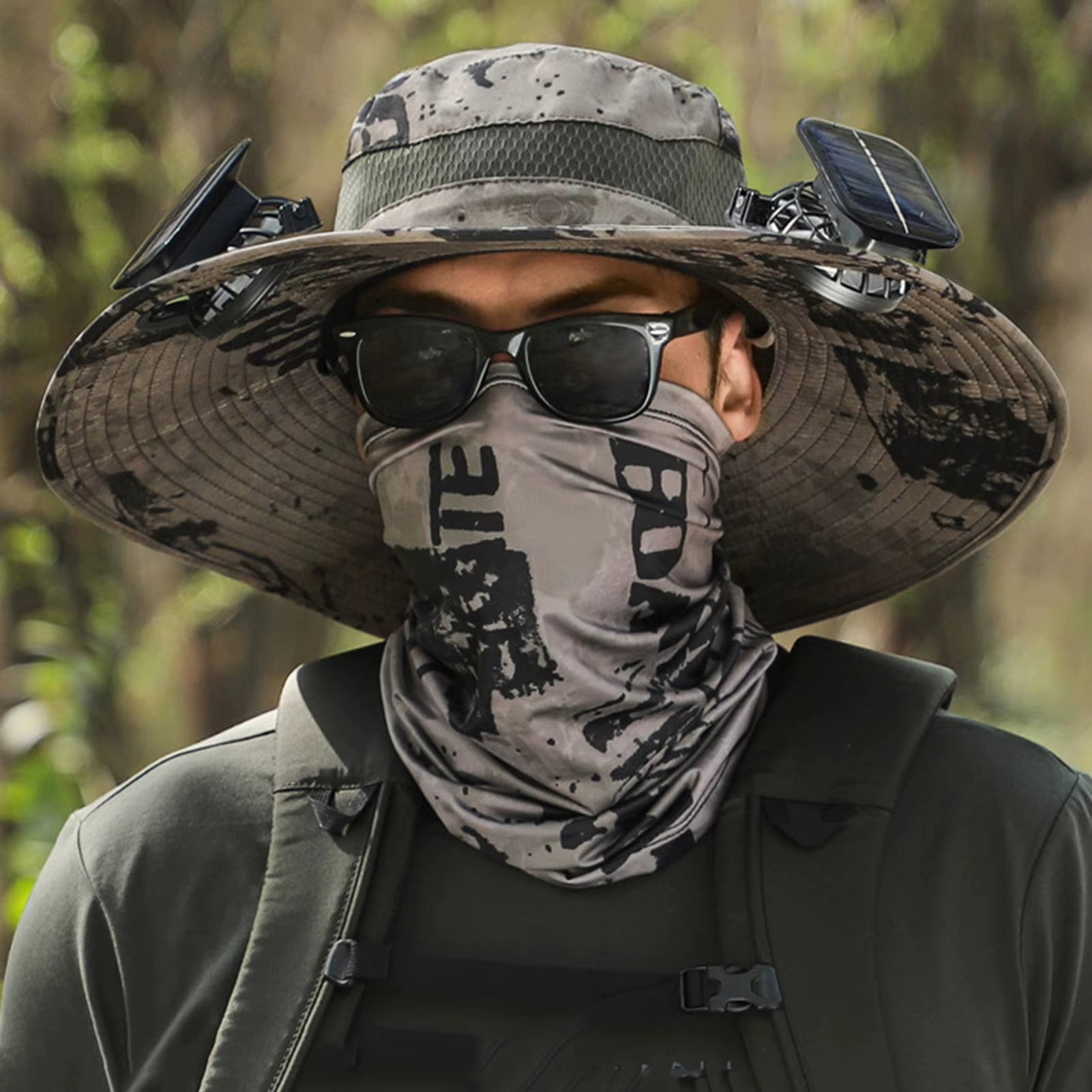 Men Fisherman Hat with 2 Solar Fan Windproof Strap USB Charging anti UV Large Brim Fan Sun Hat Sunlight Fan Cap