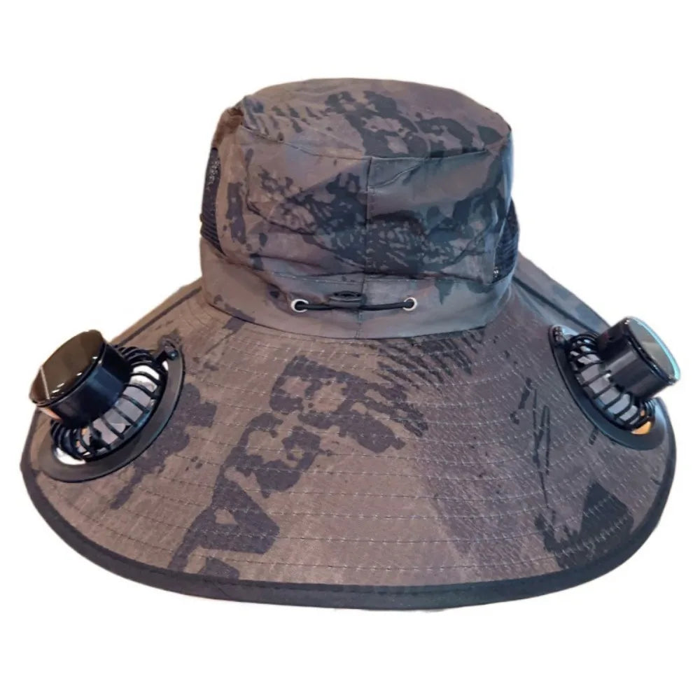 UV Protection Sun Hat with Solar Fan Camouflage Adjustable Wide Brim Sun Cap Breathable Breathable Mesh Sun Bucket Hat Adult