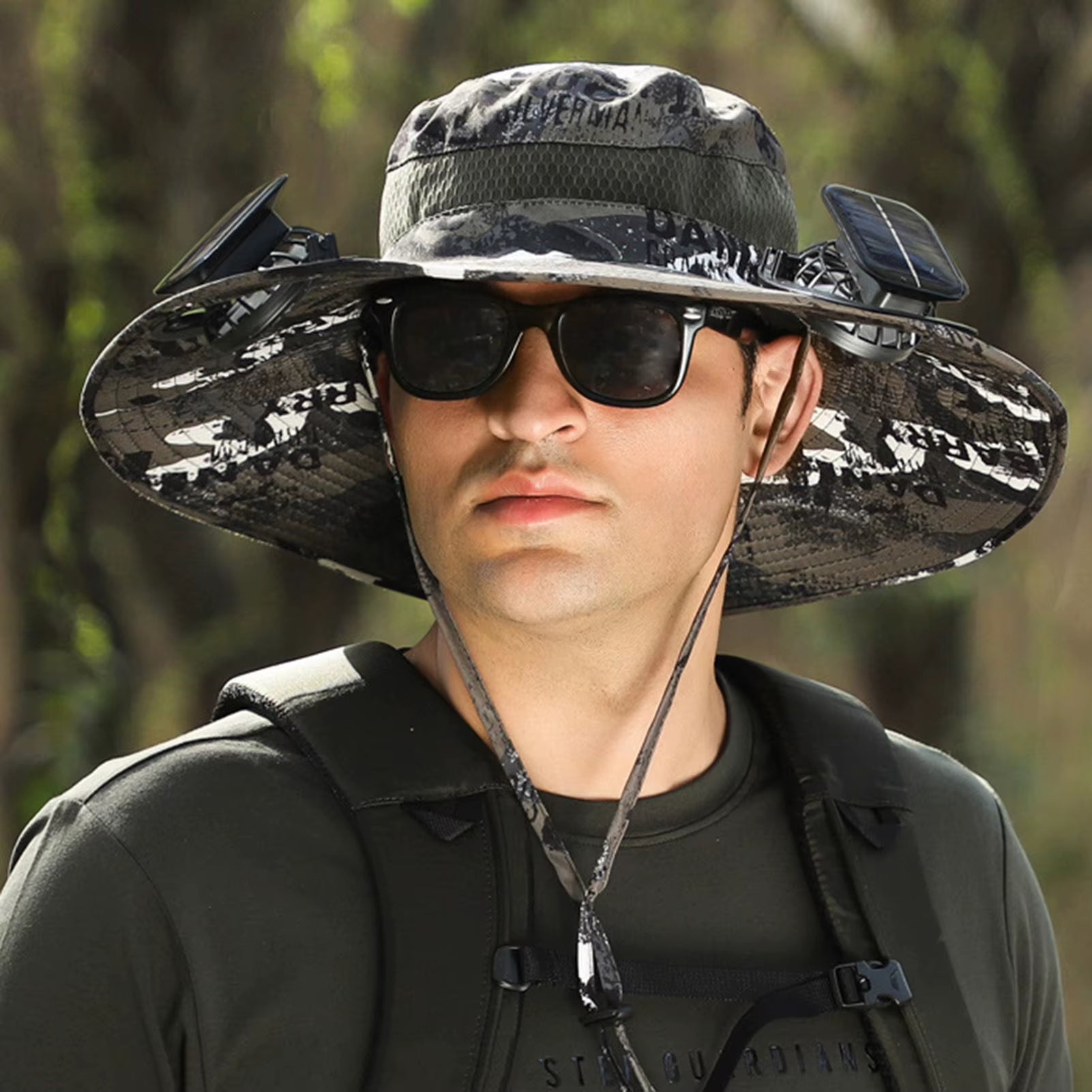 Men Fisherman Hat with 2 Solar Fan Windproof Strap USB Charging anti UV Large Brim Fan Sun Hat Sunlight Fan Cap