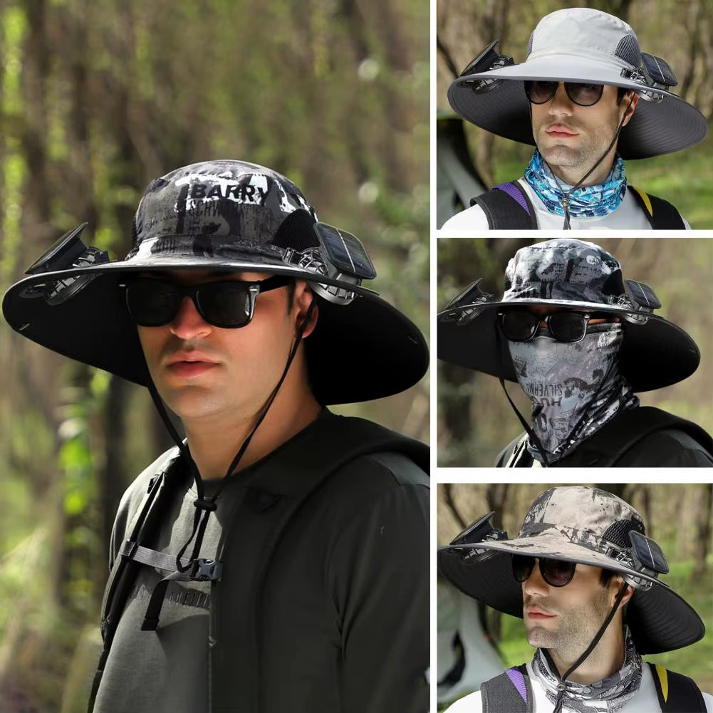 1 Set Outdoor Sun Hat with 2 Fan Large Brim Windproof Strap Solar or USB Charging anti UV Sun Outdoor Fishing Cap
