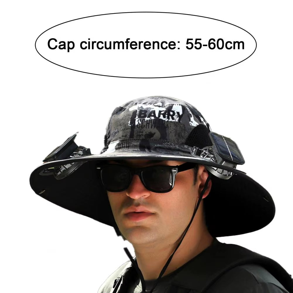 1 Set Outdoor Sun Hat with 2 Fan Large Brim Windproof Strap Solar or USB Charging anti UV Sun Outdoor Fishing Cap
