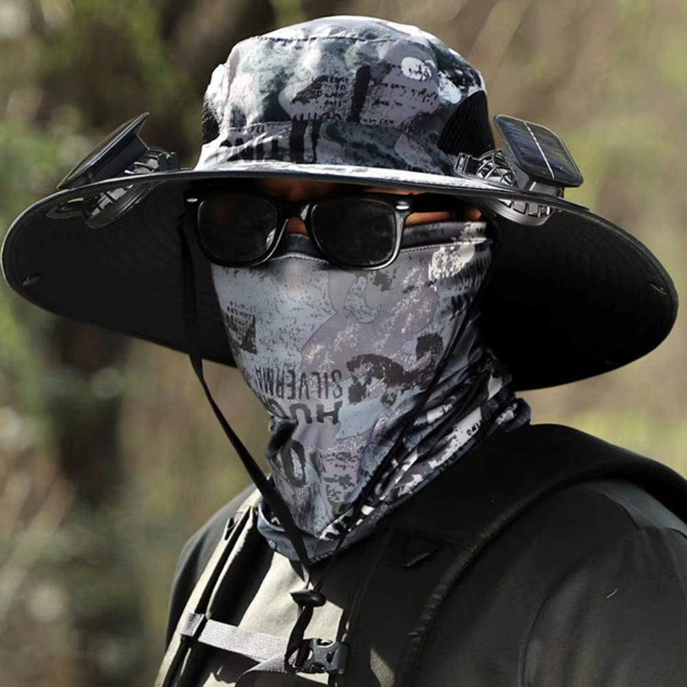 1 Set Outdoor Sun Hat with 2 Fan Large Brim Windproof Strap Solar or USB Charging anti UV Sun Outdoor Fishing Cap