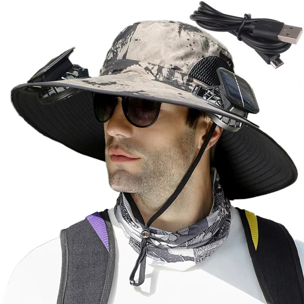 1 Set Outdoor Sun Hat with 2 Fan Large Brim Windproof Strap Solar or USB Charging anti UV Sun Outdoor Fishing Cap