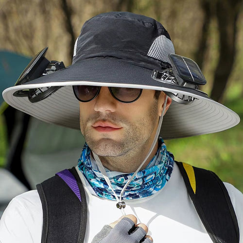 1 Set Outdoor Sun Hat with 2 Fan Large Brim Windproof Strap Solar or USB Charging anti UV Sun Outdoor Fishing Cap