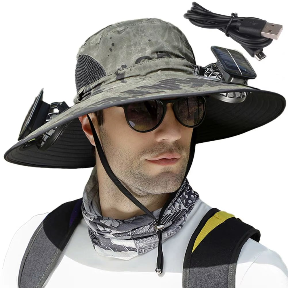 1 Set Outdoor Sun Hat with 2 Fan Large Brim Windproof Strap Solar or USB Charging anti UV Sun Outdoor Fishing Cap
