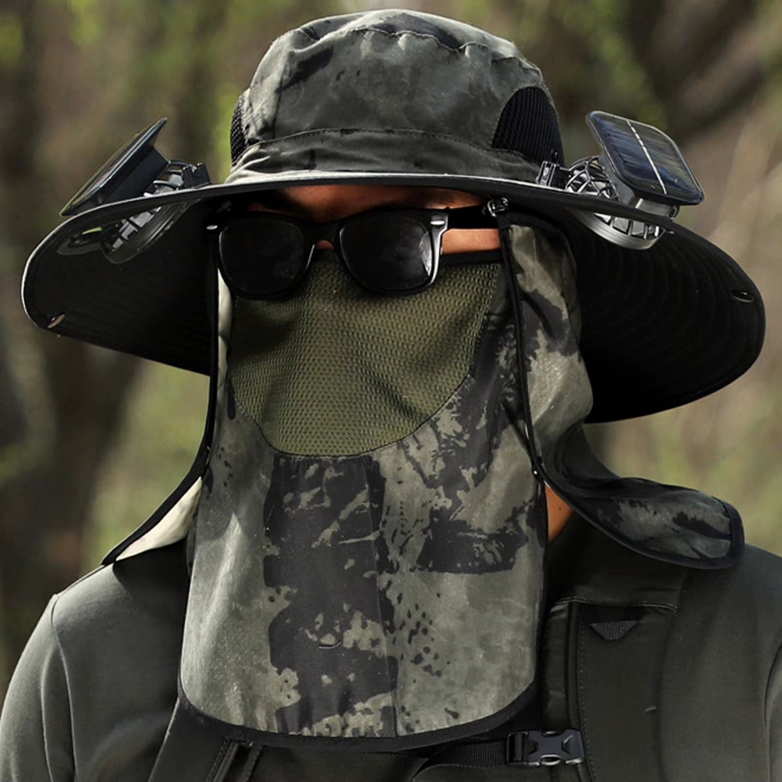 Men Fisherman Hat with 2 Solar Fan Windproof Strap USB Charging anti UV Large Brim Fan Sun Hat Sunlight Fan Cap