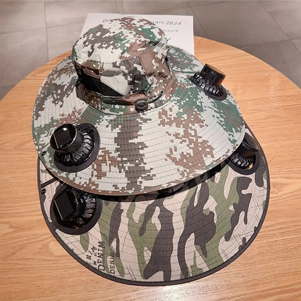 UV Protection Sun Hat with Solar Fan Camouflage Adjustable Wide Brim Sun Cap Breathable Breathable Mesh Sun Bucket Hat Adult