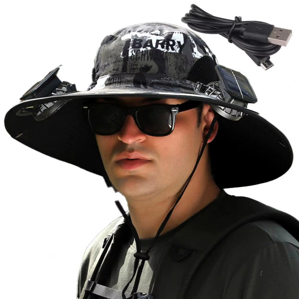 1 Set Outdoor Sun Hat with 2 Fan Large Brim Windproof Strap Solar or USB Charging anti UV Sun Outdoor Fishing Cap
