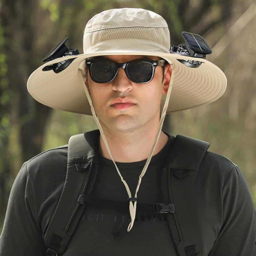 Men Fisherman Hat with 2 Solar Fan Windproof Strap USB Charging anti UV Large Brim Fan Sun Hat Sunlight Fan Cap