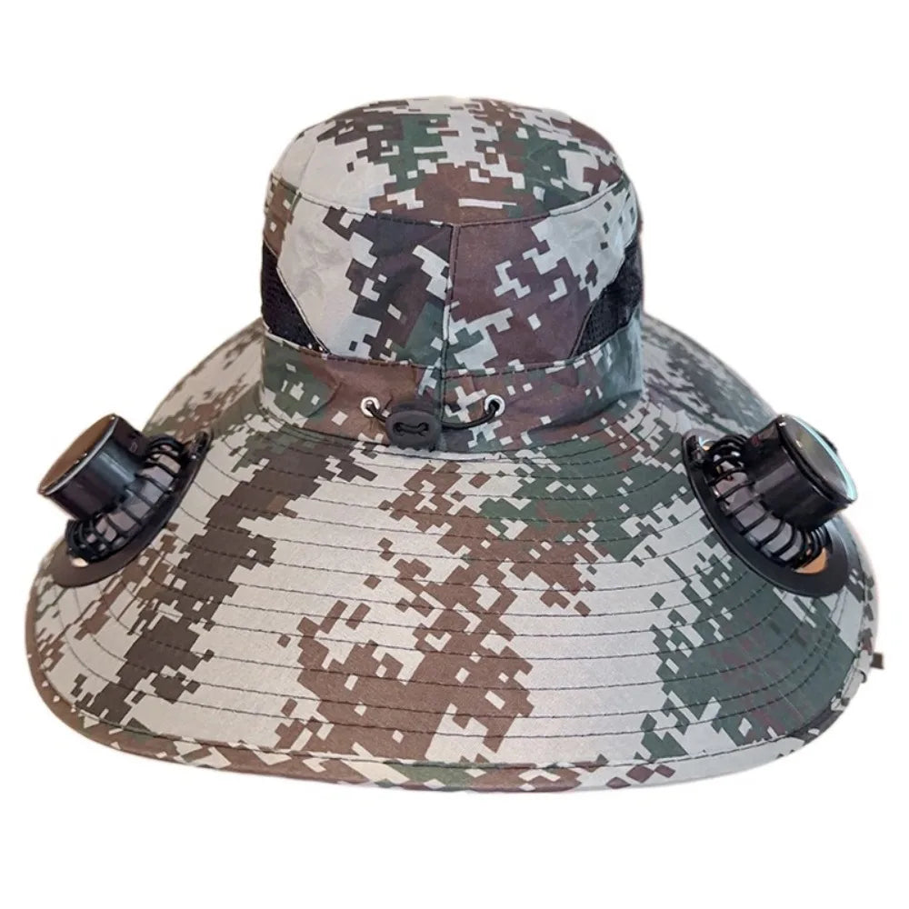 UV Protection Sun Hat with Solar Fan Camouflage Adjustable Wide Brim Sun Cap Breathable Breathable Mesh Sun Bucket Hat Adult