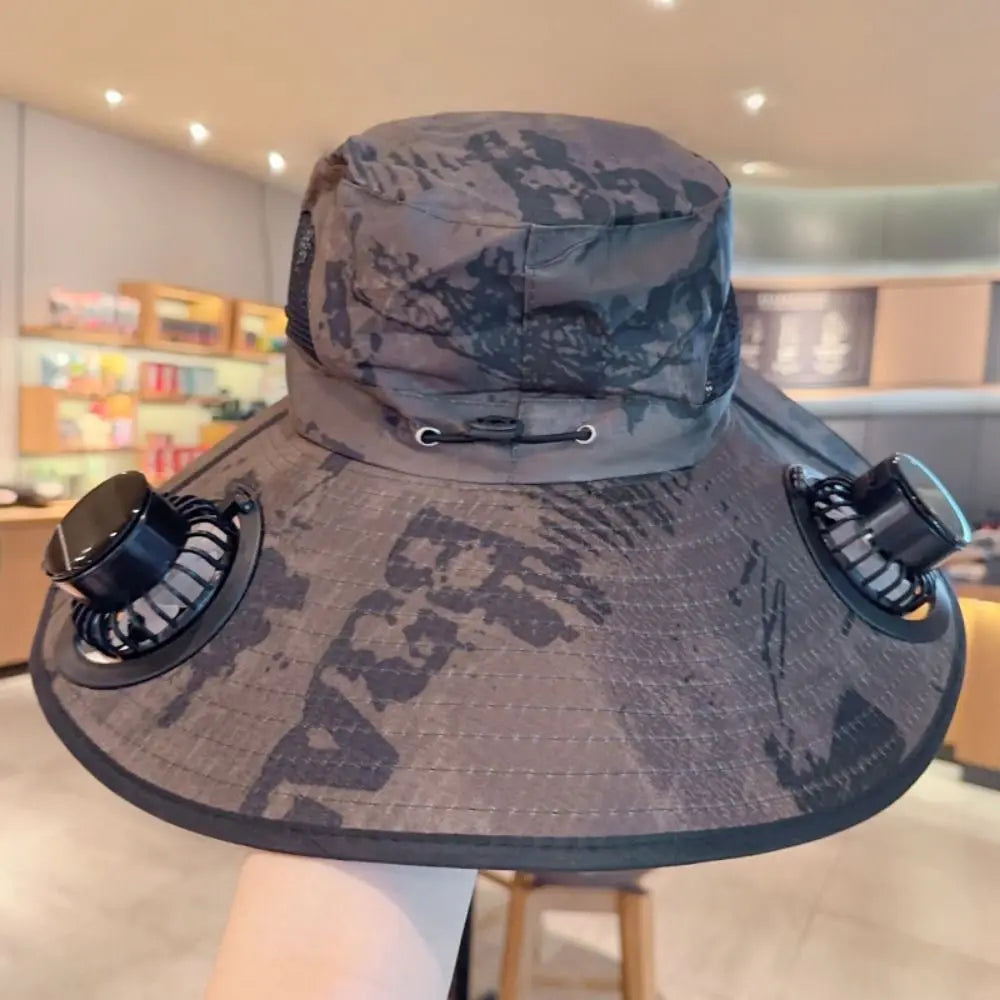 UV Protection Sun Hat with Solar Fan Camouflage Adjustable Wide Brim Sun Cap Breathable Breathable Mesh Sun Bucket Hat Adult