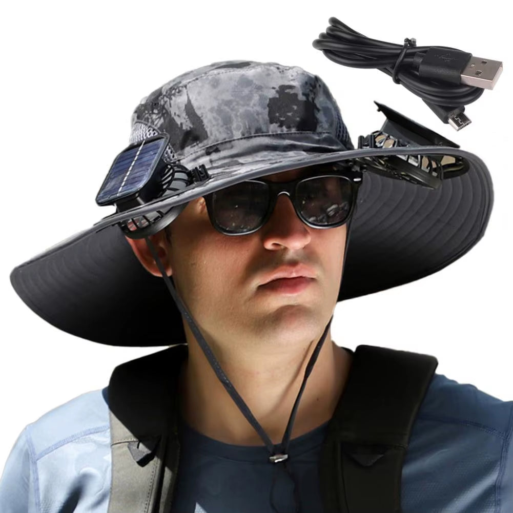 1 Set Outdoor Sun Hat with 2 Fan Large Brim Windproof Strap Solar or USB Charging anti UV Sun Outdoor Fishing Cap