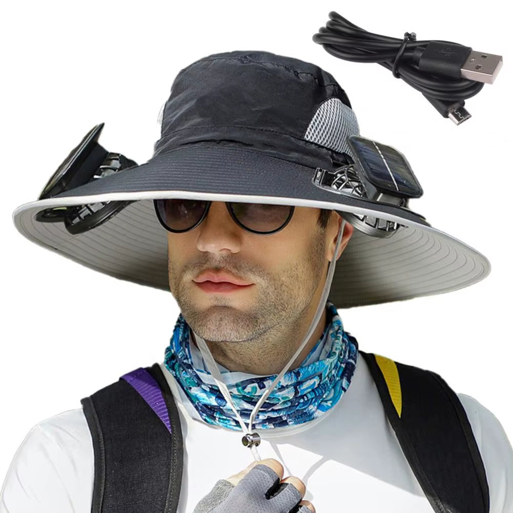 1 Set Outdoor Sun Hat with 2 Fan Large Brim Windproof Strap Solar or USB Charging anti UV Sun Outdoor Fishing Cap
