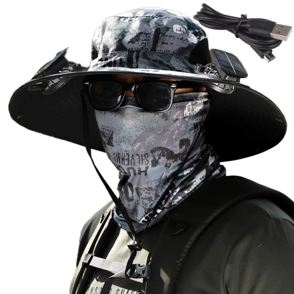 1 Set Outdoor Sun Hat with 2 Fan Large Brim Windproof Strap Solar or USB Charging anti UV Sun Outdoor Fishing Cap
